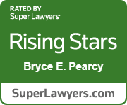 Green 'Rising Stars' card for Bryce E. Pearcy, rated by Super Lawyers, with SuperLawyers.com shown at the bottom.