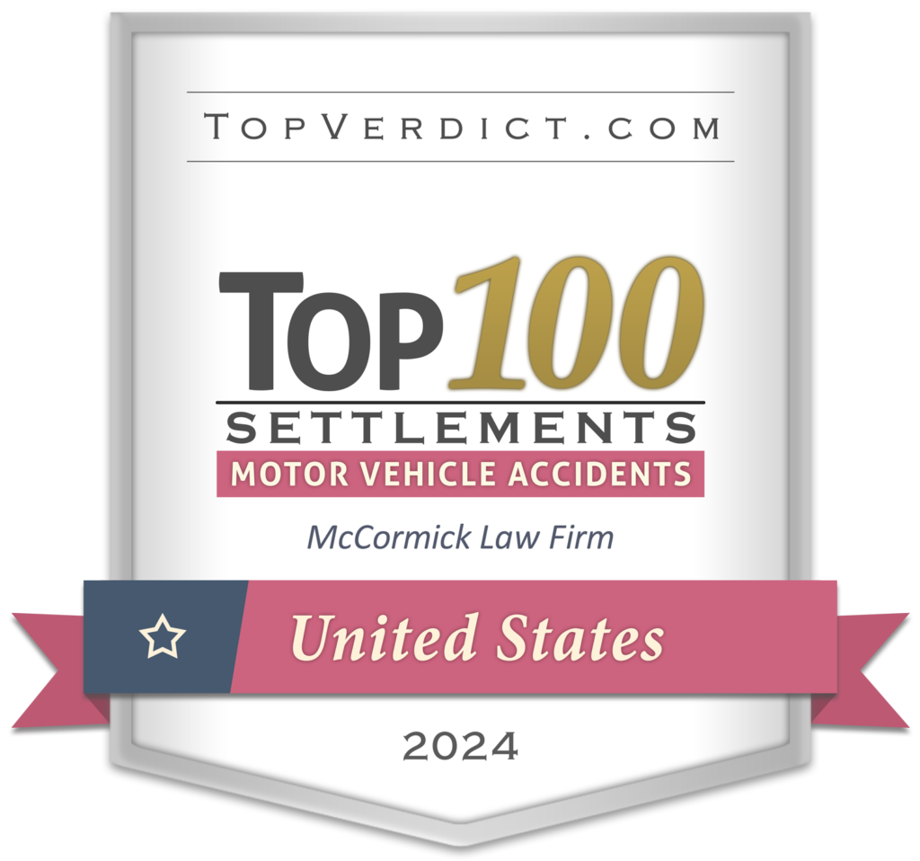 Award badge for Top 100 Settlements – Motor Vehicle Accidents, United States, 2024 (McCormick Law Firm)